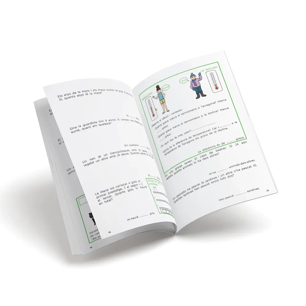 Quadern de matemàtiques - Nou set Problemes 12 Sumes portant-ne i restes sense portar-ne - primària