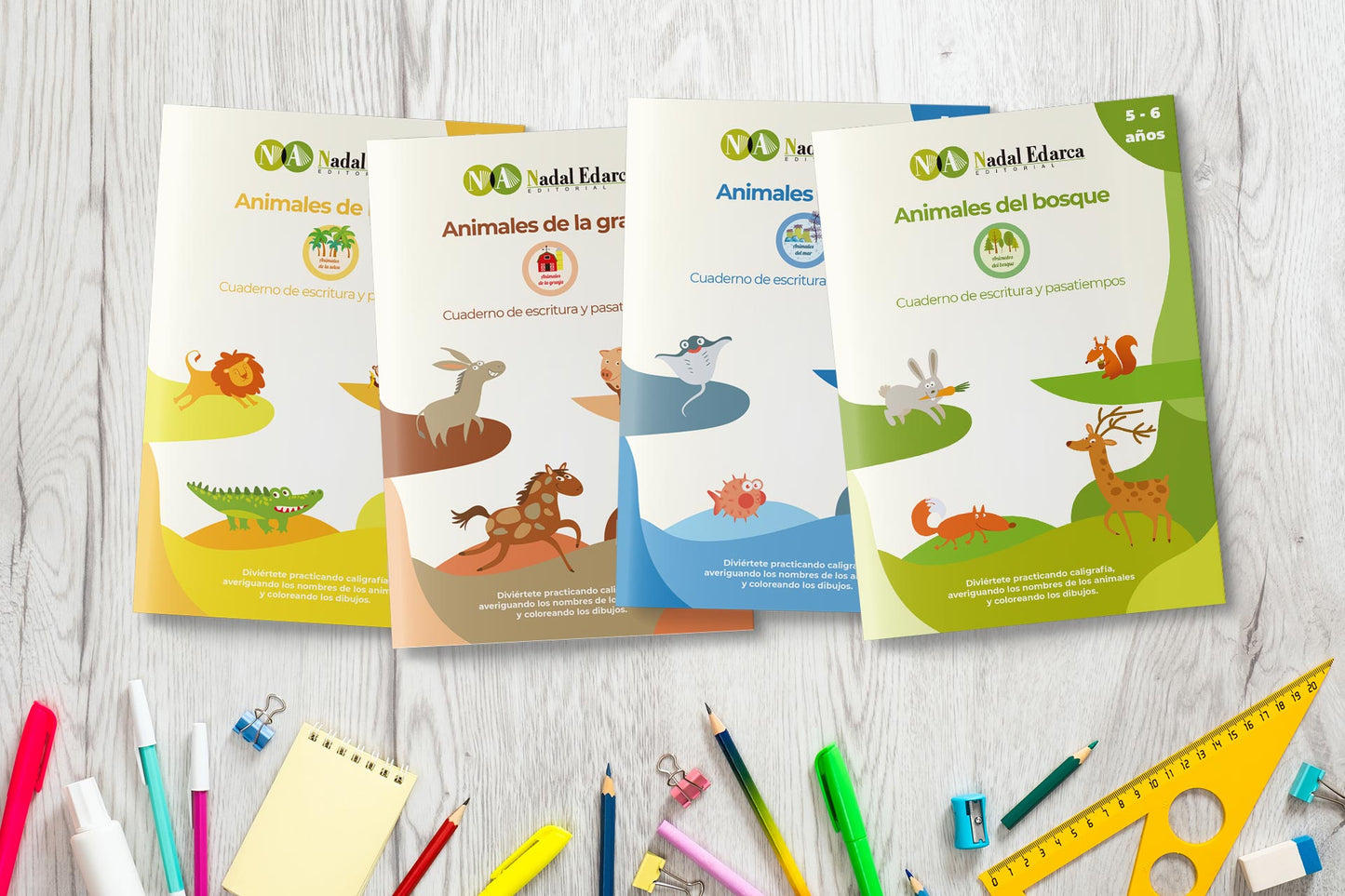 4 quaderns d'escriptura i passatemps - Aprende con los animales - infantil